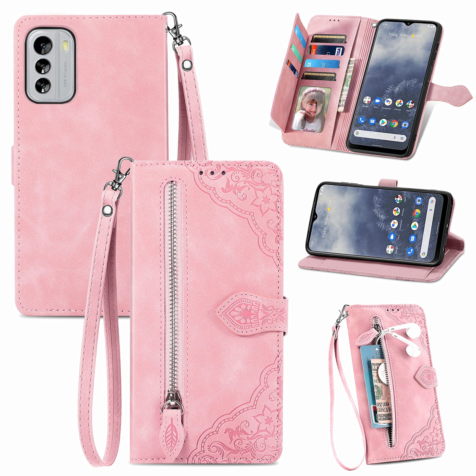 Anti-fall Flip Leather Phone Case For Nokia G60 5G Flower Imprinted Pattern Zipper Pocket Cell Phone Cover Stand Wallet Anti-fall Flip Leather Phone Case For Nokia G60 5G Flower Imprinted Pattern Zipper Pocket Cell Phone Cover Stand Wallet